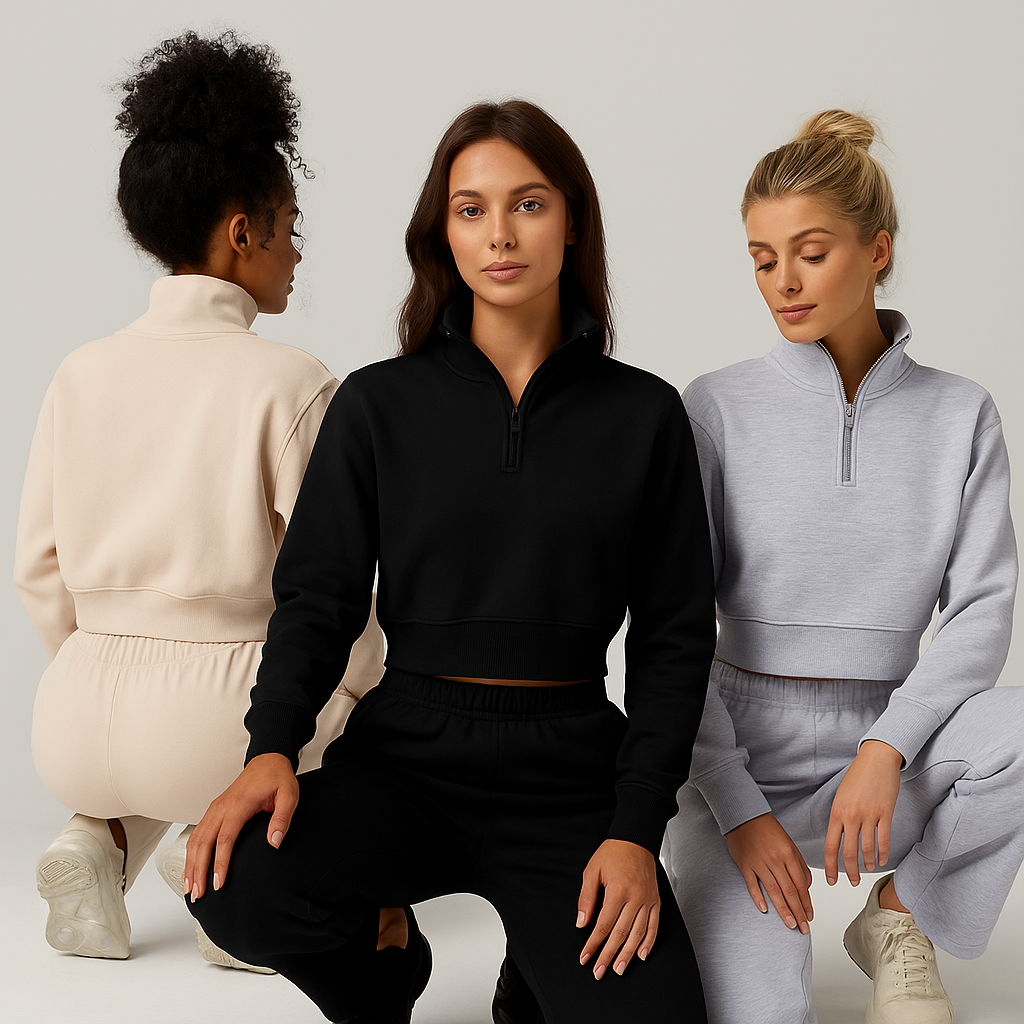 Womens Half Zip Crop Sweatshirt High Neck Long Sleeve Pullover