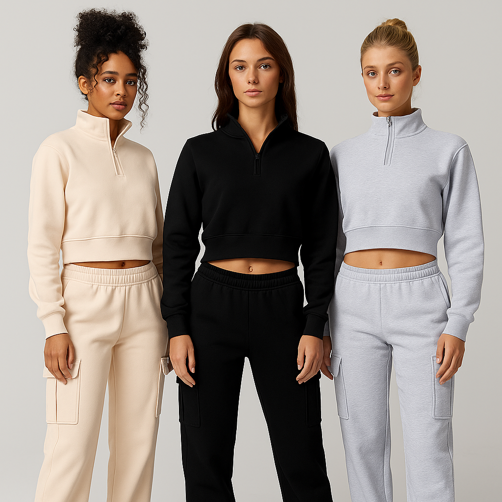 Womens Half Zip Crop Sweatshirt High Neck Long Sleeve Pullover