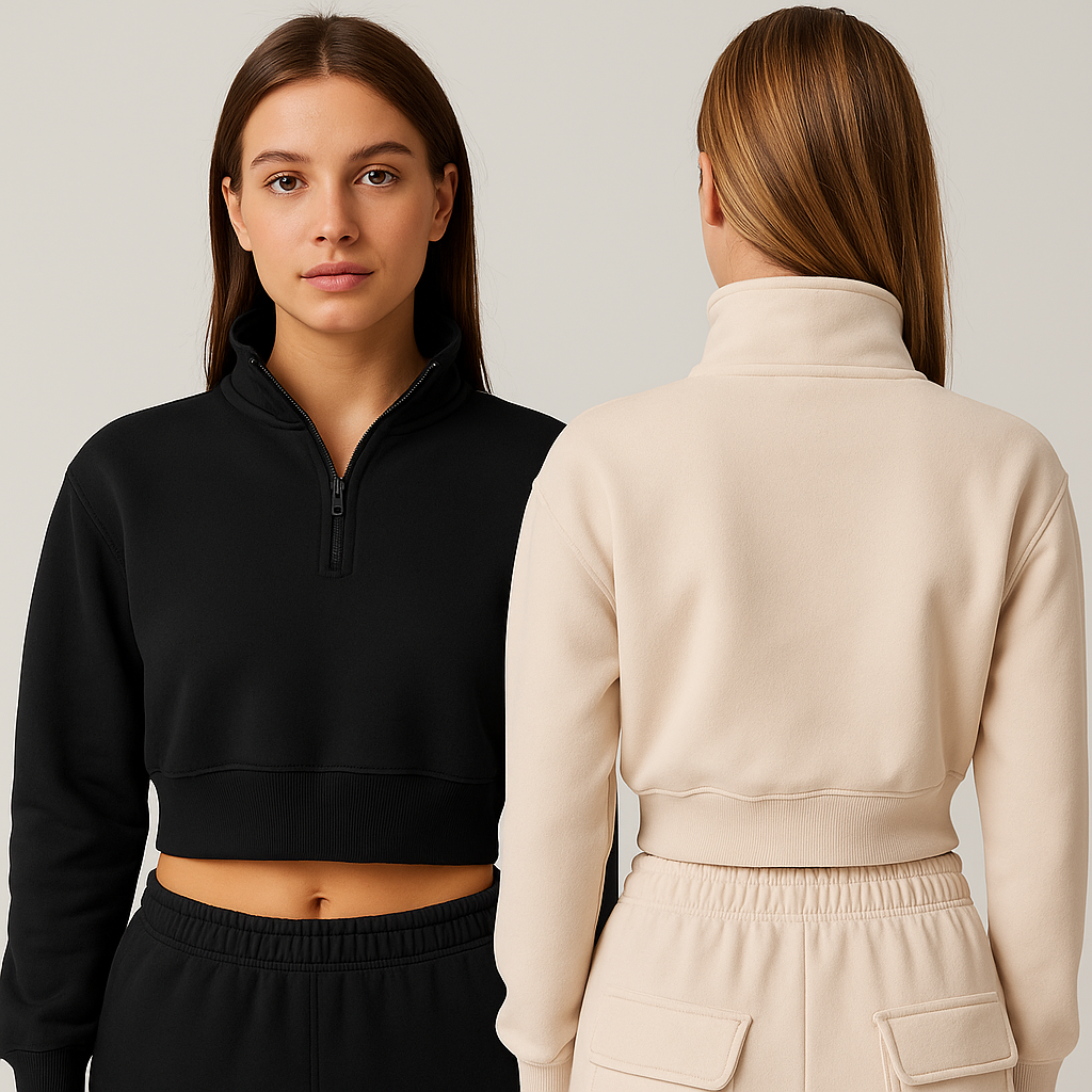 Womens Half Zip Crop Sweatshirt High Neck Long Sleeve Pullover