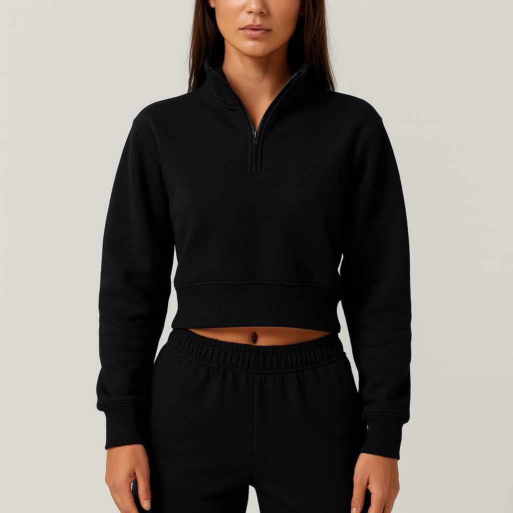 Womens Half Zip Crop Sweatshirt High Neck Long Sleeve Pullover
