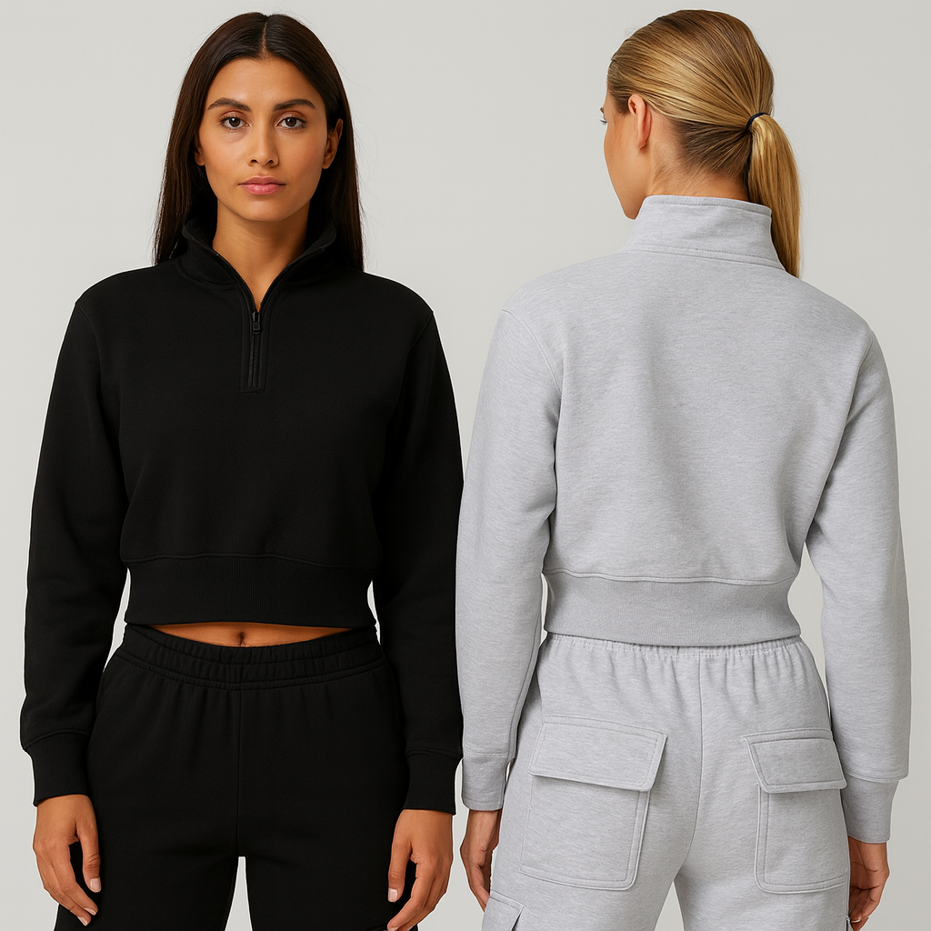 Womens Half Zip Crop Sweatshirt High Neck Long Sleeve Pullover