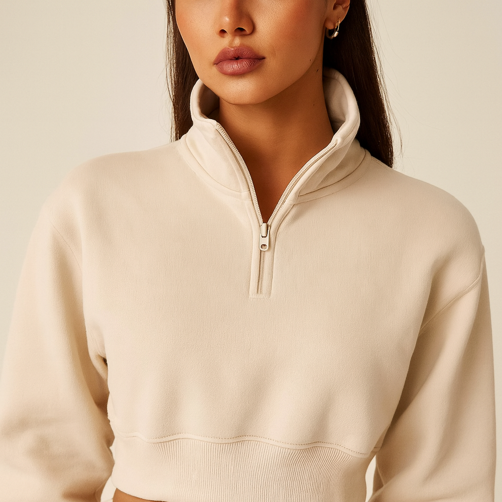 Womens Half Zip Crop Sweatshirt High Neck Long Sleeve Pullover