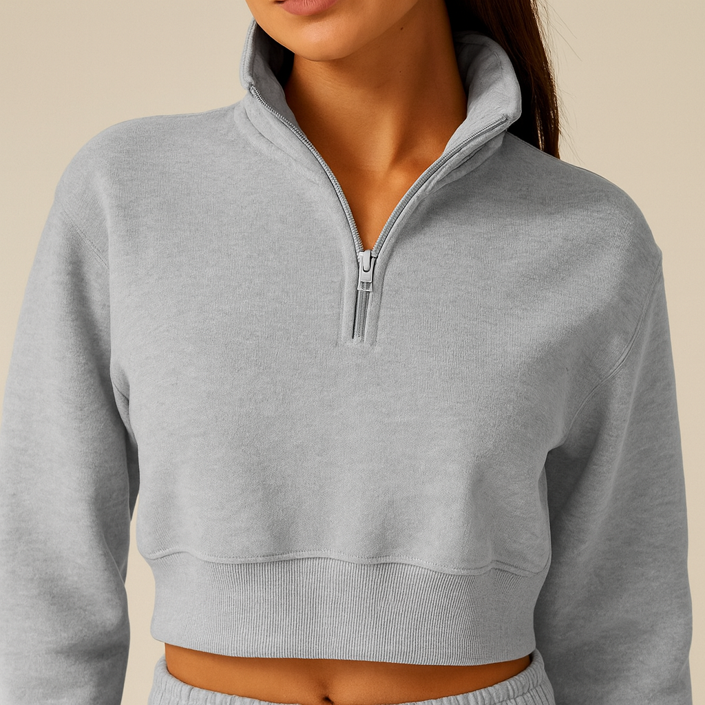 Womens Half Zip Crop Sweatshirt High Neck Long Sleeve Pullover